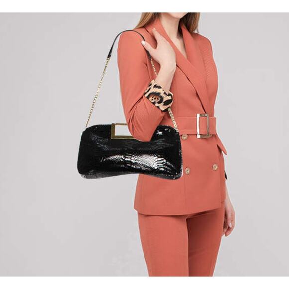 Michael Kors Black Python Embossed Patent Leather Berkley Clutch - Picture 2 of 10